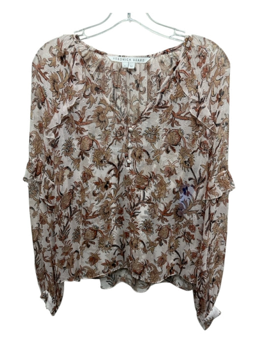 Veronica Beard Size 4 Cream & Brown Silk Sheer Long Sleeve Buttons Slip Inc. Top Cream & Brown / 4