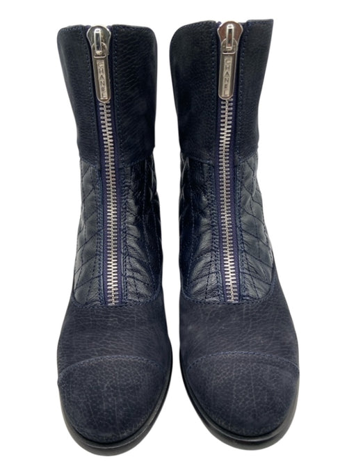 Chanel Shoe Size 38 Navy Blue & Black Leather Quilted Fabric Block Booties Navy Blue & Black / 38