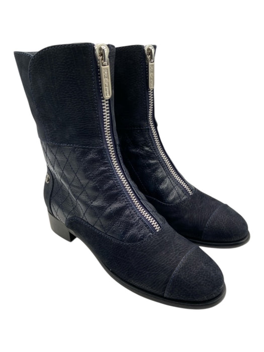 Chanel Shoe Size 38 Navy Blue & Black Leather Quilted Fabric Block Booties Navy Blue & Black / 38