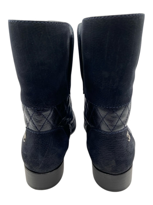 Chanel Shoe Size 38 Navy Blue & Black Leather Quilted Fabric Block Booties Navy Blue & Black / 38