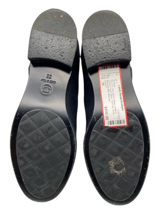Chanel Shoe Size 38 Navy Blue & Black Leather Quilted Fabric Block Booties Navy Blue & Black / 38