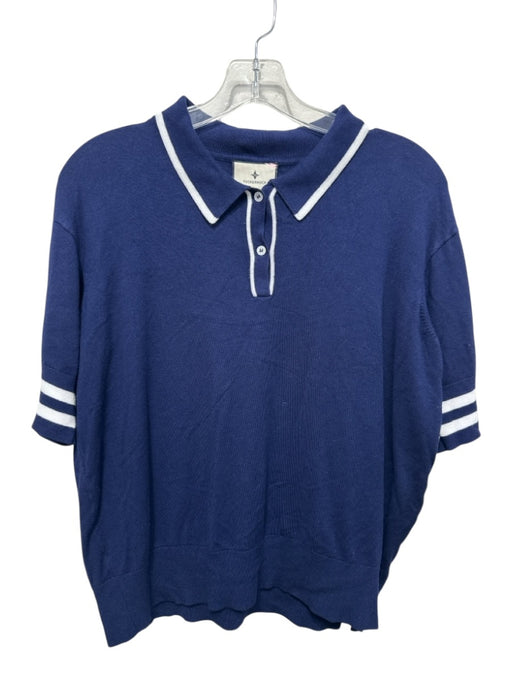 Tuckernuck Size XL Navy Blue & White Rayon & Nylon Stripe Detail Knit Polo Top Navy Blue & White / XL