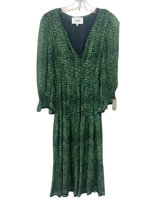 Ba&sh Size 2 Green & Black Viscose Abstract Print Crochet Lace Trim V Neck Dress Green & Black / 2