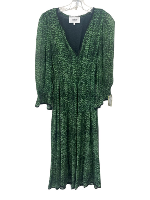 Ba&sh Size 2 Green & Black Viscose Abstract Print Crochet Lace Trim V Neck Dress Green & Black / 2