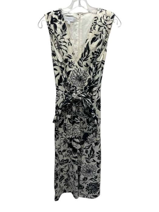 Hobbs Size 8 Cream & Black Linen Sleeveless Floral V Neck Maxi Dress Cream & Black / 8