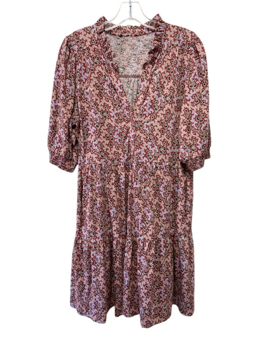 ME + EM Size L Brown, Aqua & Gold Cotton Short Sleeve Floral Abstract Dress Brown, Aqua & Gold / L