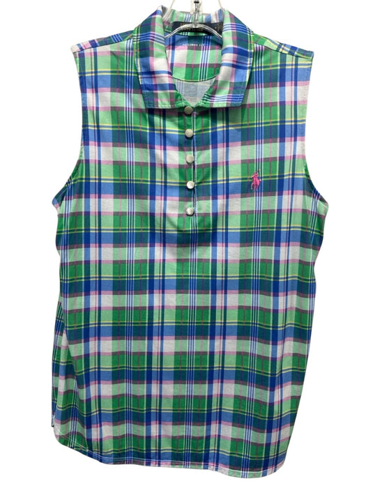 Polo Golf Size M Green & Multi Cotton Plaid Sleeveless Collar Buttons Top Green & Multi / M