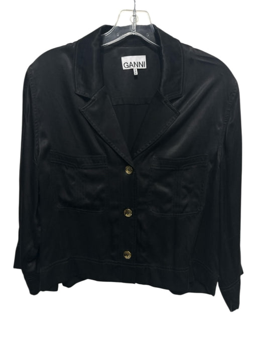 Ganni Size M Black Viscose & Cupro 3/4 Sleeve Gold Buttons Collar Pockets Top Black / M