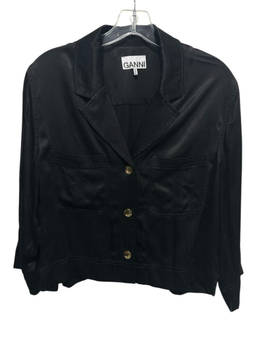 Ganni Size M Black Viscose & Cupro 3/4 Sleeve Gold Buttons Collar Pockets Top Black / M