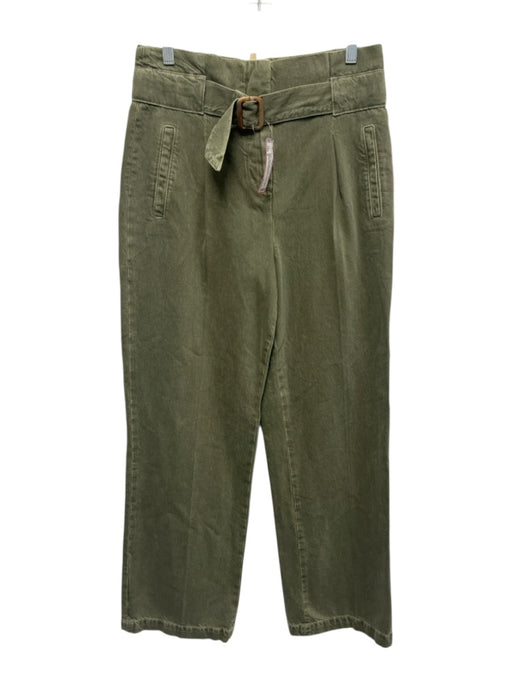 Sezane Size 8 Olive Green Cotton Denim High Waist Pleated Front Wide Leg Jeans Olive Green / 8