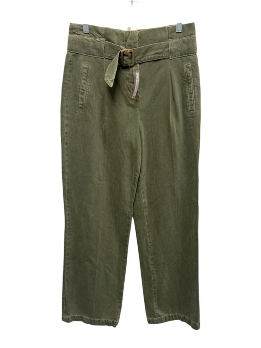 Sezane Size 8 Olive Green Cotton Denim High Waist Pleated Front Wide Leg Jeans Olive Green / 8