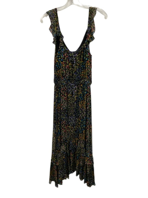 Ramy Brook Size M Black & Multi Viscose Floral Sleeveless Ruffle Detail Dress Black & Multi / M