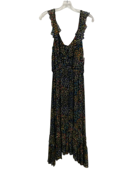 Ramy Brook Size M Black & Multi Viscose Floral Sleeveless Ruffle Detail Dress Black & Multi / M