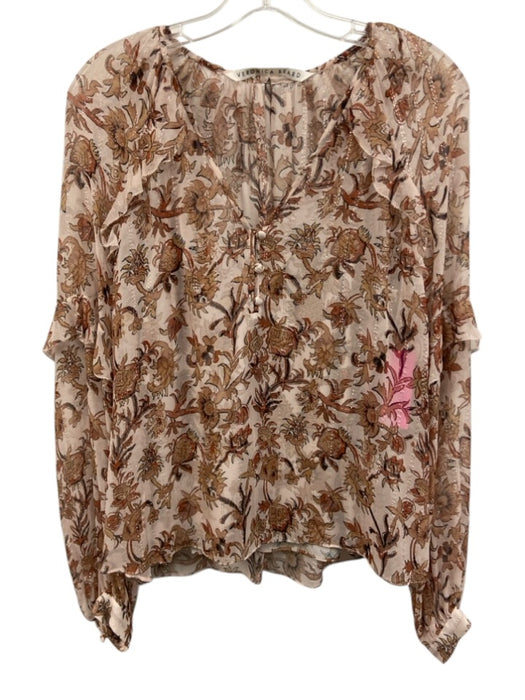 Veronica Beard Size 4 Light Pink & Brown Silk Blend Metallic Thread V Neck Top Light Pink & Brown / 4
