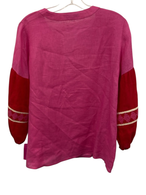 Vilagallo Size 42 Pink & Red Linen 3/4 Balloon Sleeve Color Block V Neck Top Pink & Red / 42