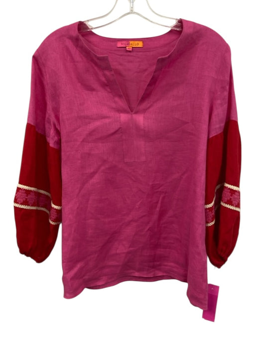 Vilagallo Size 42 Pink & Red Linen 3/4 Balloon Sleeve Color Block V Neck Top Pink & Red / 42