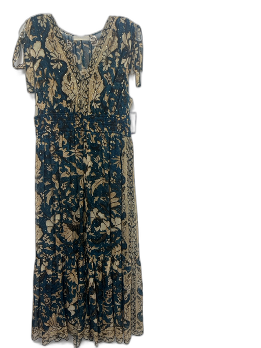 Ulla Johnson Size 10 Blue, Beige, Teal Silk Blend Split Neck Floral Maxi Dress Blue, Beige, Teal / 10