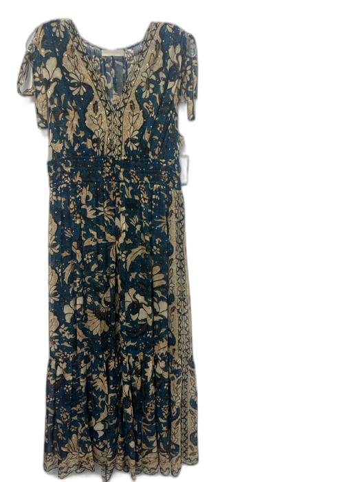 Ulla Johnson Size 10 Blue, Beige, Teal Silk Blend Split Neck Floral Maxi Dress Blue, Beige, Teal / 10