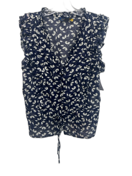 Polo Ralph Lauren Size 6 Navy Blue & White Cotton Ruffle Cap Sleeve Floral Top Navy Blue & White / 6