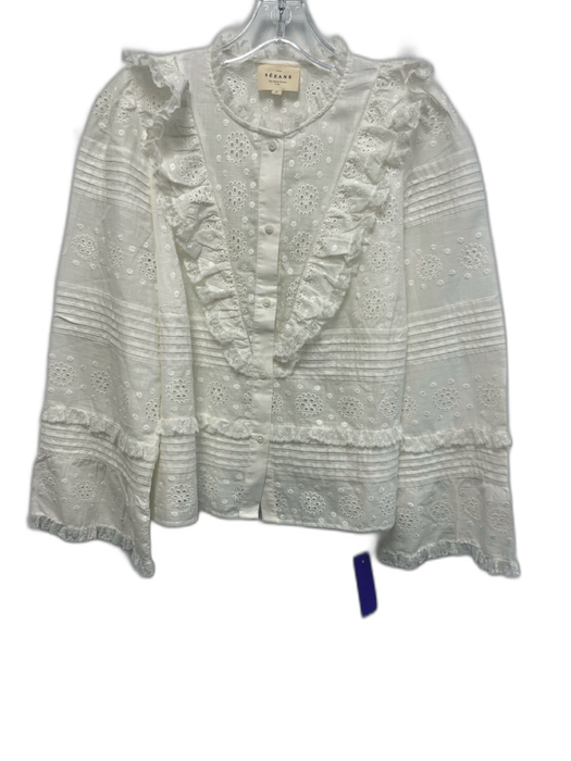 Sezane Size 38 White Cotton Long Sleeve Floral Eyelet Button Front Lace Trim Top White / 38