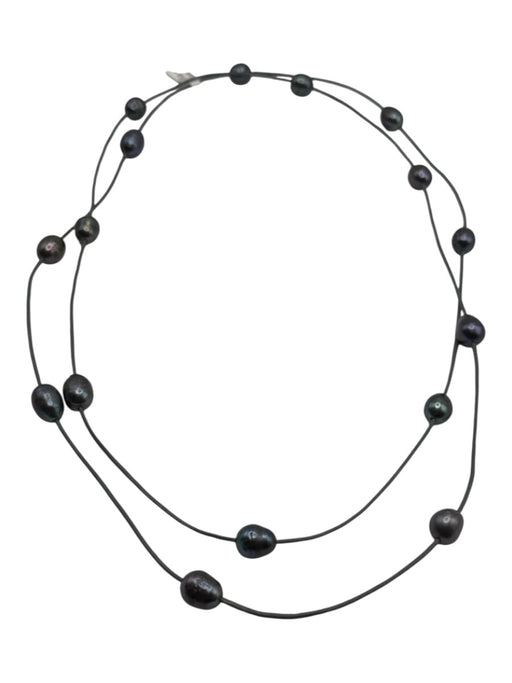 Dark Gray & Silver Coated Leather Beaded Pearl Long Necklace Dark Gray & Silver