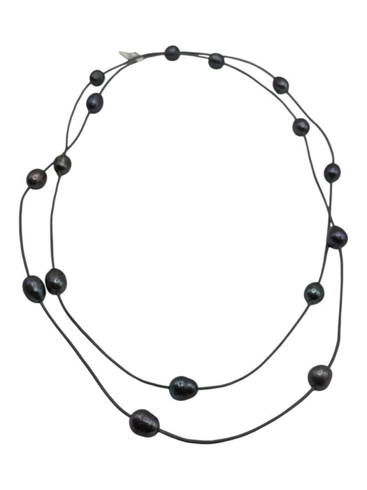 Dark Gray & Silver Coated Leather Beaded Pearl Long Necklace Dark Gray & Silver