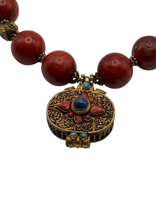 Red, Gold & Blue Coral Circle Beads Ornate Pendant Lobster Clasp Necklace Red, Gold & Blue