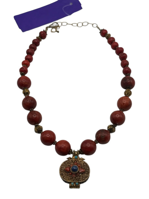 Red, Gold & Blue Coral Circle Beads Ornate Pendant Lobster Clasp Necklace Red, Gold & Blue