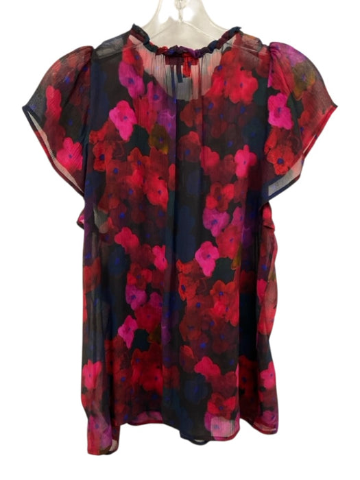 Paige Size M Purple, Red, Blue Silk Semi Sheer Floral Quarter Button Top Purple, Red, Blue / M