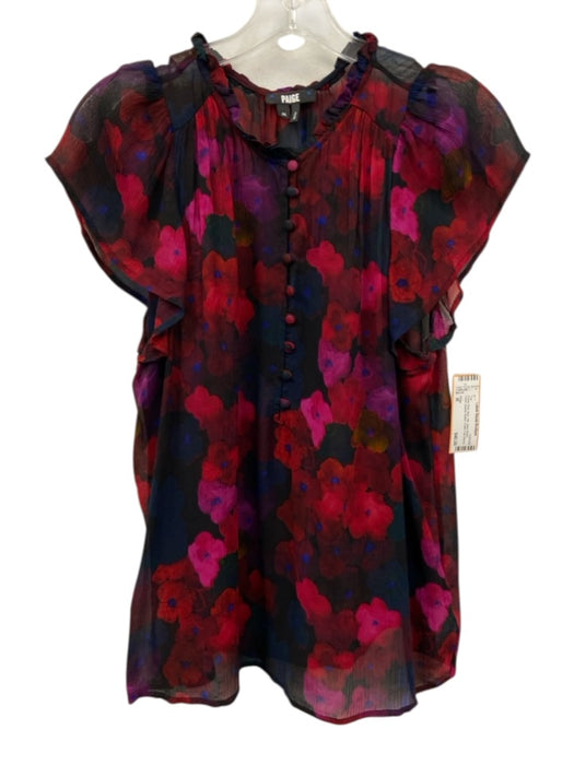 Paige Size M Purple, Red, Blue Silk Semi Sheer Floral Quarter Button Top Purple, Red, Blue / M