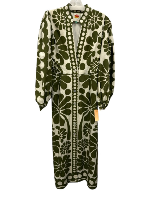 Farm Rio Size XS Cream White & Green Rayon Blend Long Balloon Sleeve Dress Cream White & Green / XS