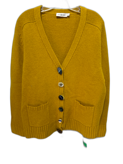 Tory Burch Size L Marigold Yellow Wool Ribbed Trim V Neck mutli button Cardigan Marigold Yellow / L
