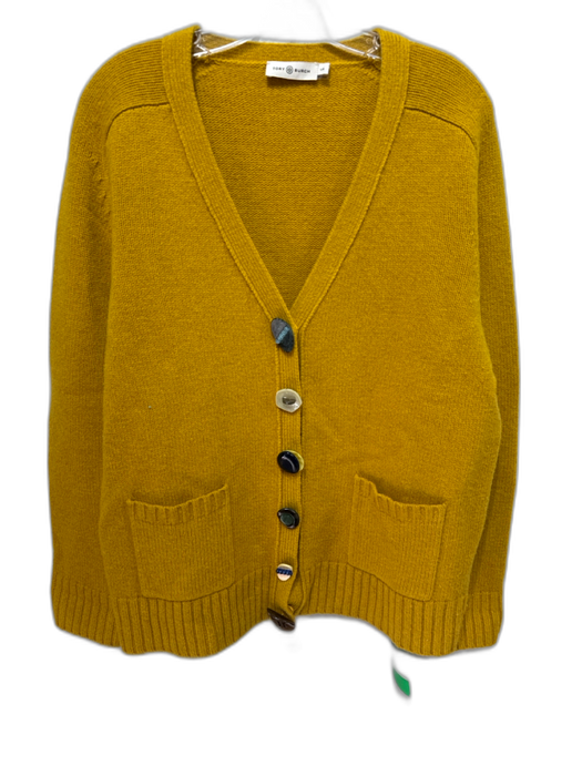 Tory Burch Size L Marigold Yellow Wool Ribbed Trim V Neck mutli button Cardigan Marigold Yellow / L