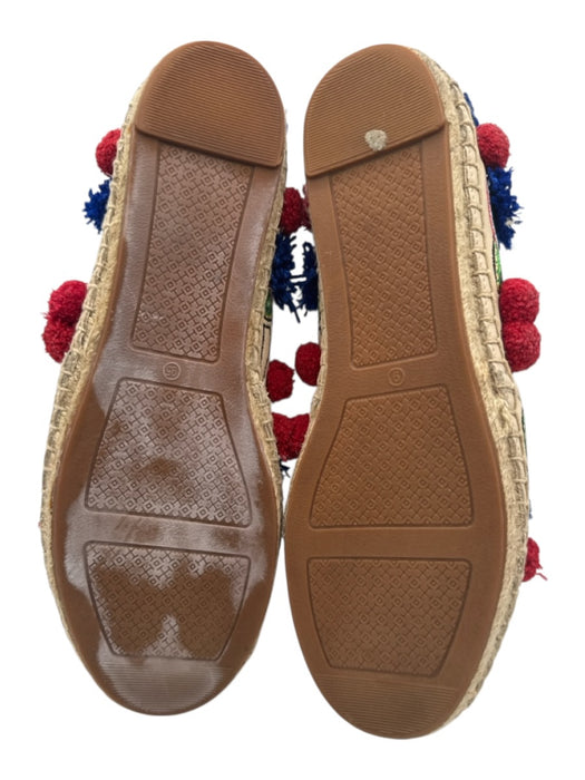Tory Burch Shoe Size 9 Red, Blue, Green Leather Pom Pom Embroidered Flats Red, Blue, Green / 9