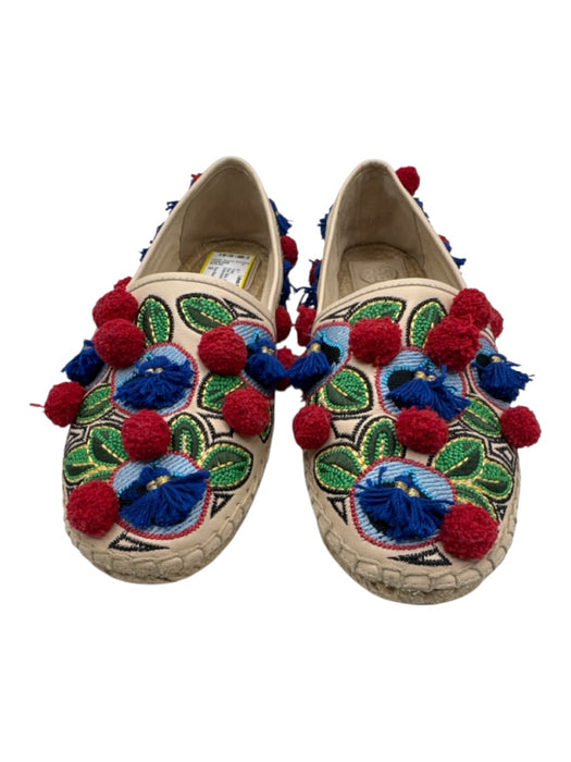 Tory Burch Shoe Size 9 Red, Blue, Green Leather Pom Pom Embroidered Flats Red, Blue, Green / 9