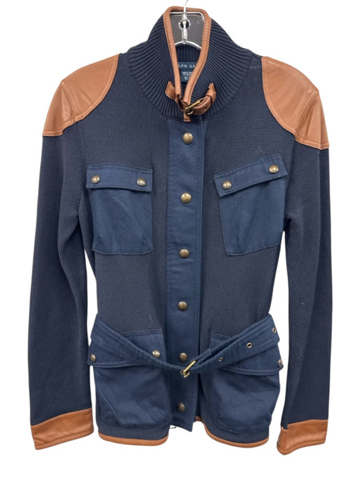 Ralph Lauren Size Medium Navy Blue & Brown Cotton Blend Leather trim Jacket Navy Blue & Brown / Medium