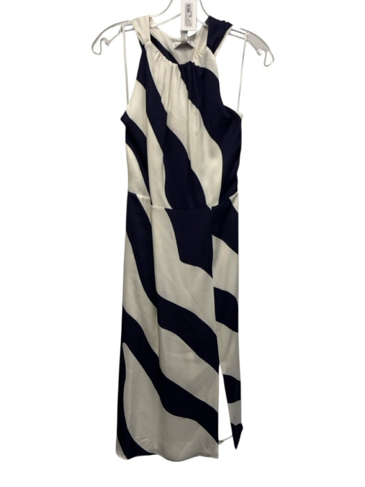 Milly Size 4 White & Navy Polyester Sleeveless Tie Detail Midi Stripe Dress White & Navy / 4