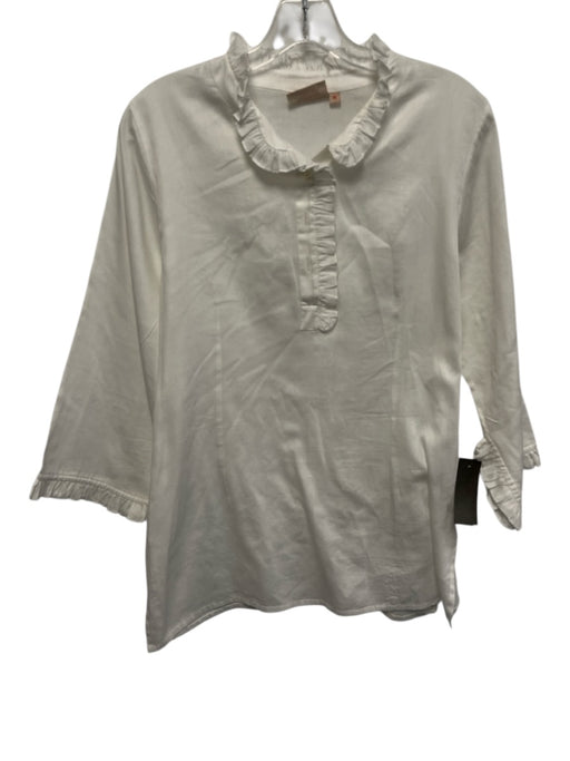 Rungolee Size S White Cotton Long Sleeve Ruffle Collar 1/2 Button Top White / S