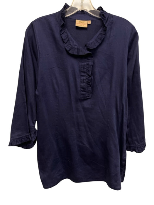Rungolee Size S Navy Cotton Long Sleeve Ruffle Collar 1/2 Button Top Navy / S