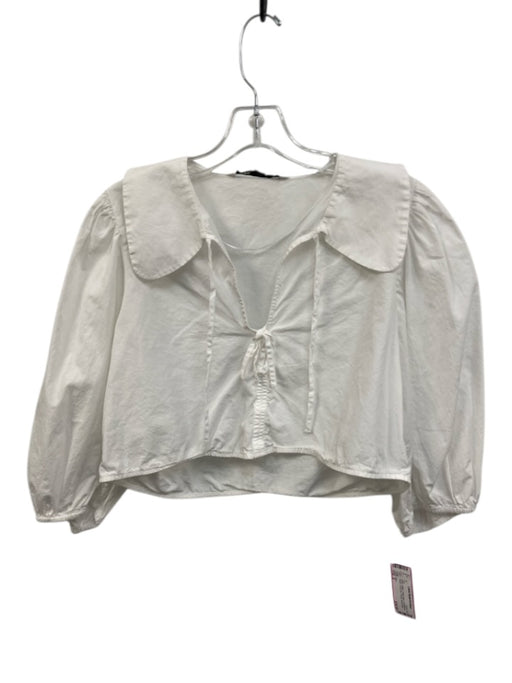 Zara Size S White Cotton Collar Neck 3/4 Balloon Sleeve Front Tie V Neck Top White / S