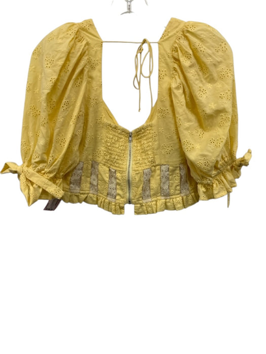 For Love & Lemons Size M Butter Yellow Cotton Lace Detail Eyelet Back Tie Top Butter Yellow / M