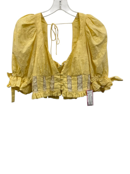 For Love & Lemons Size M Butter Yellow Cotton Lace Detail Eyelet Back Tie Top Butter Yellow / M