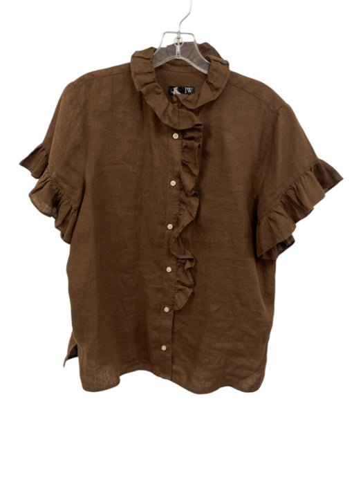 J Crew Size 8 Brown Linen Button Down Collar neck Ruffle Accent short sleeve Top Brown / 8
