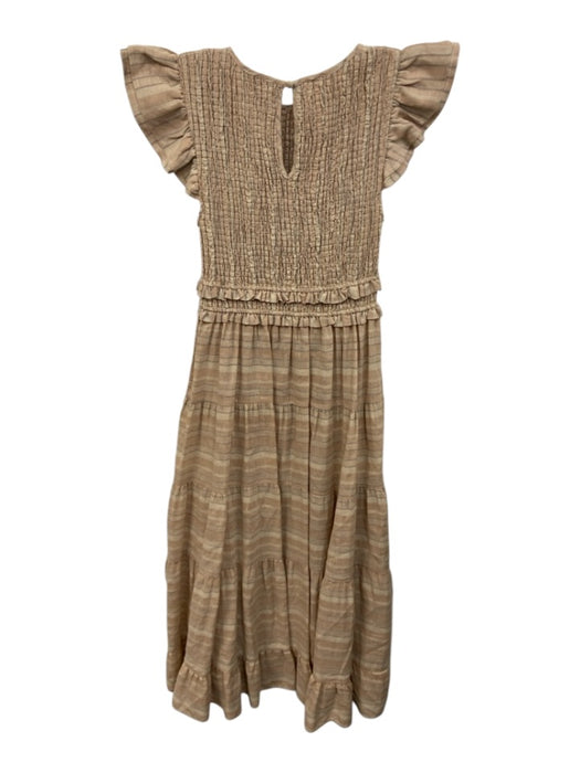 Storia Size S Beige & Gray Cotton Striped Ruffle Cap Sleeve Shirred Bodice Dress Beige & Gray / S