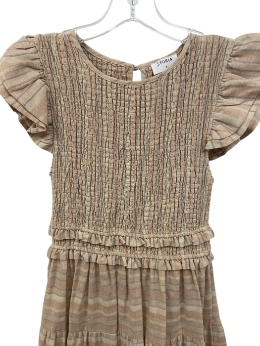 Storia Size S Beige & Gray Cotton Striped Ruffle Cap Sleeve Shirred Bodice Dress Beige & Gray / S