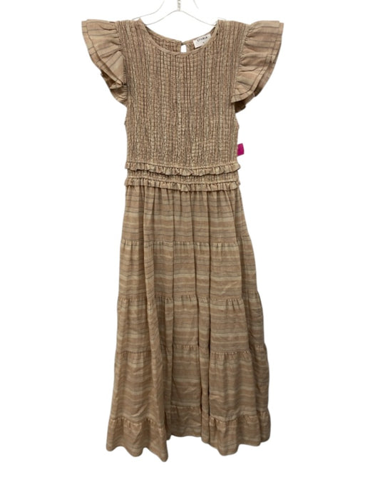 Storia Size S Beige & Gray Cotton Striped Ruffle Cap Sleeve Shirred Bodice Dress Beige & Gray / S