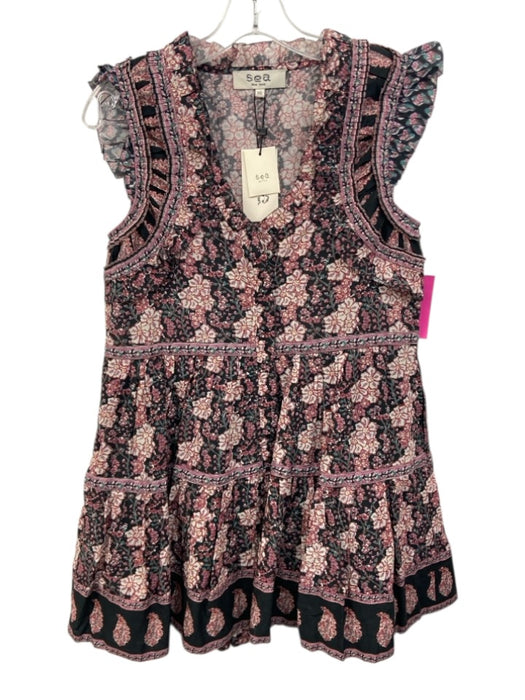 Sea New York Size XXS Black, Pink & Red Cotton Floral Ruffle Cap Sleeve Dress Black, Pink & Red / XXS