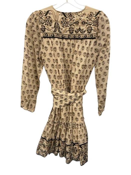 Cleobella Size XS Beige & Black Cotton Floral Long Sleeve V Neck Dress Beige & Black / XS