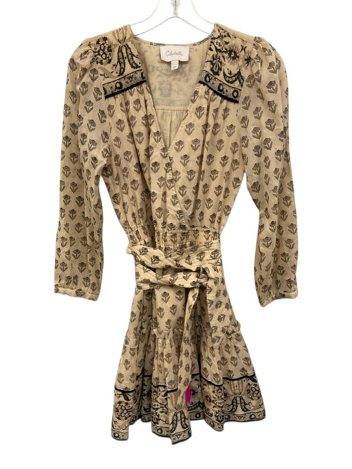 Cleobella Size XS Beige & Black Cotton Floral Long Sleeve V Neck Dress Beige & Black / XS