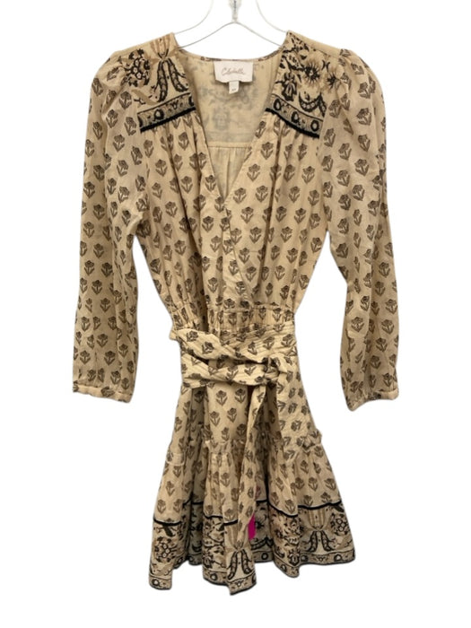 Cleobella Size XS Beige & Black Cotton Floral Long Sleeve V Neck Dress Beige & Black / XS